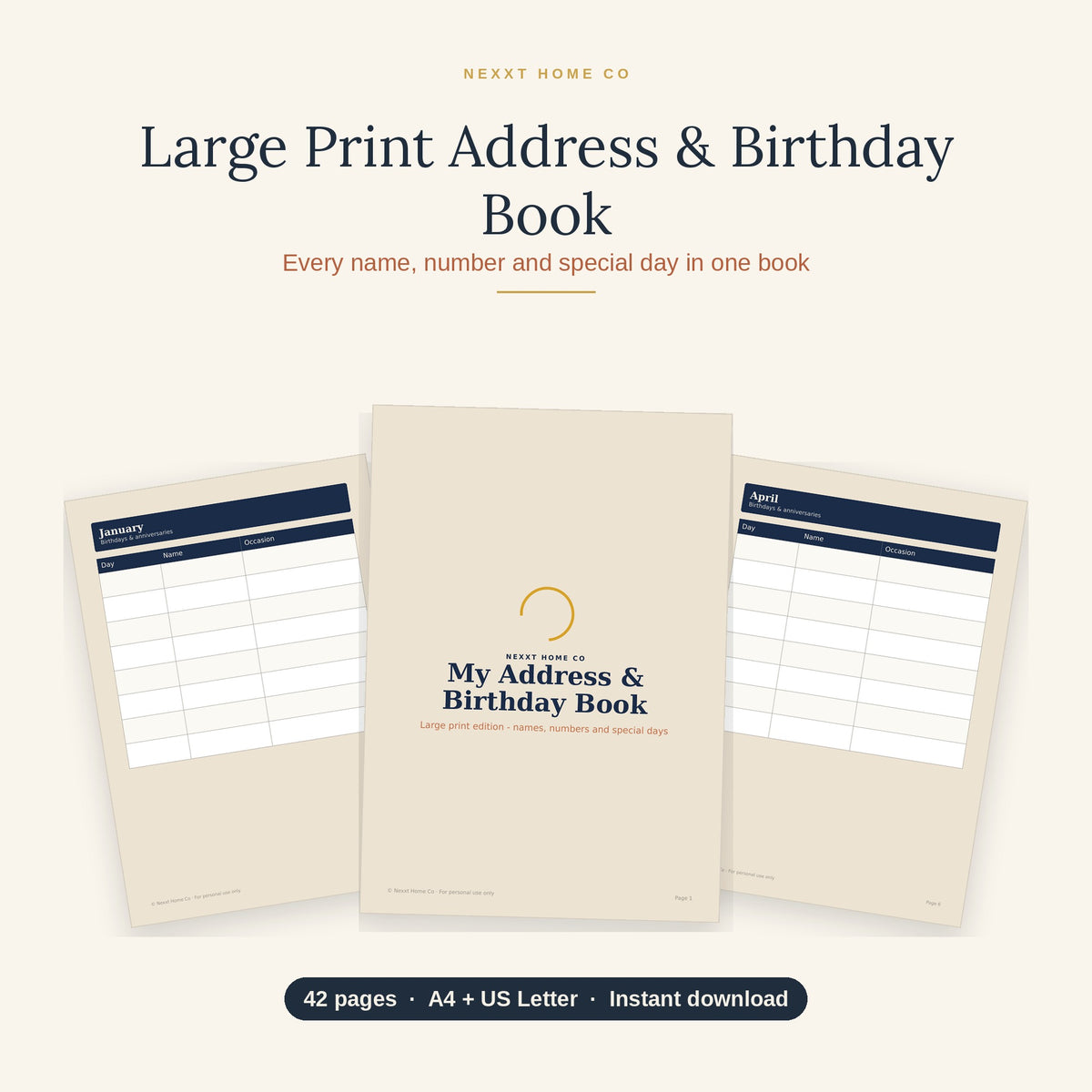 Large Print Address & Birthday Book printable — 42 pages, A–Z contacts and birthday calendar