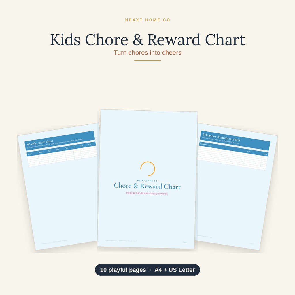 Kids Chore and Reward Chart printable showing a weekly routine tracker and sticker reward grid