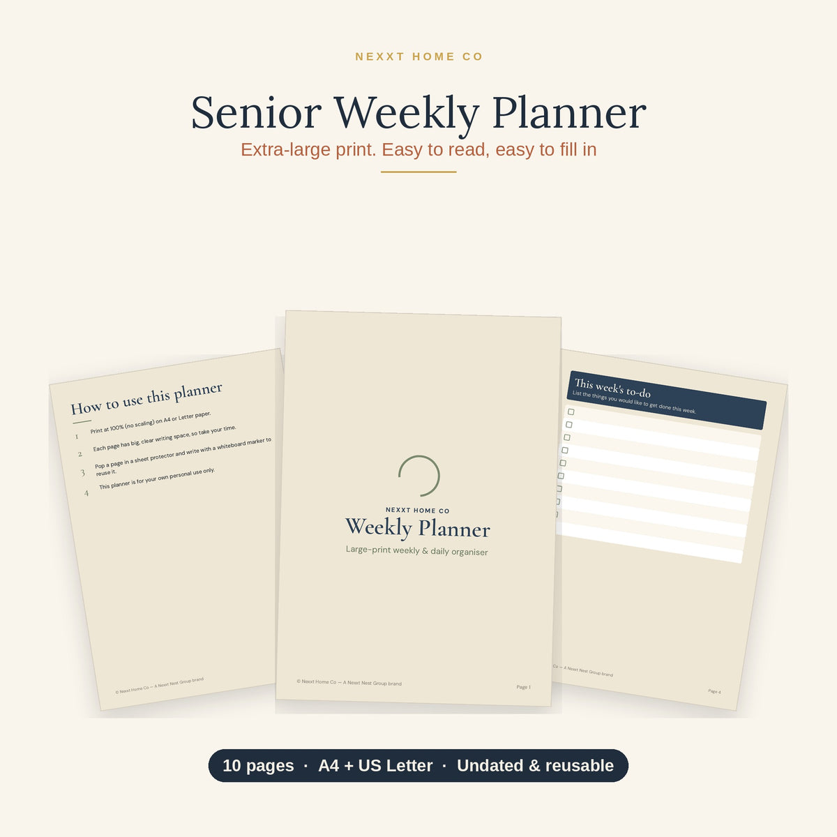 Senior Weekly Planner printable — extra-large-print undated weekly pages, A4 and US Letter