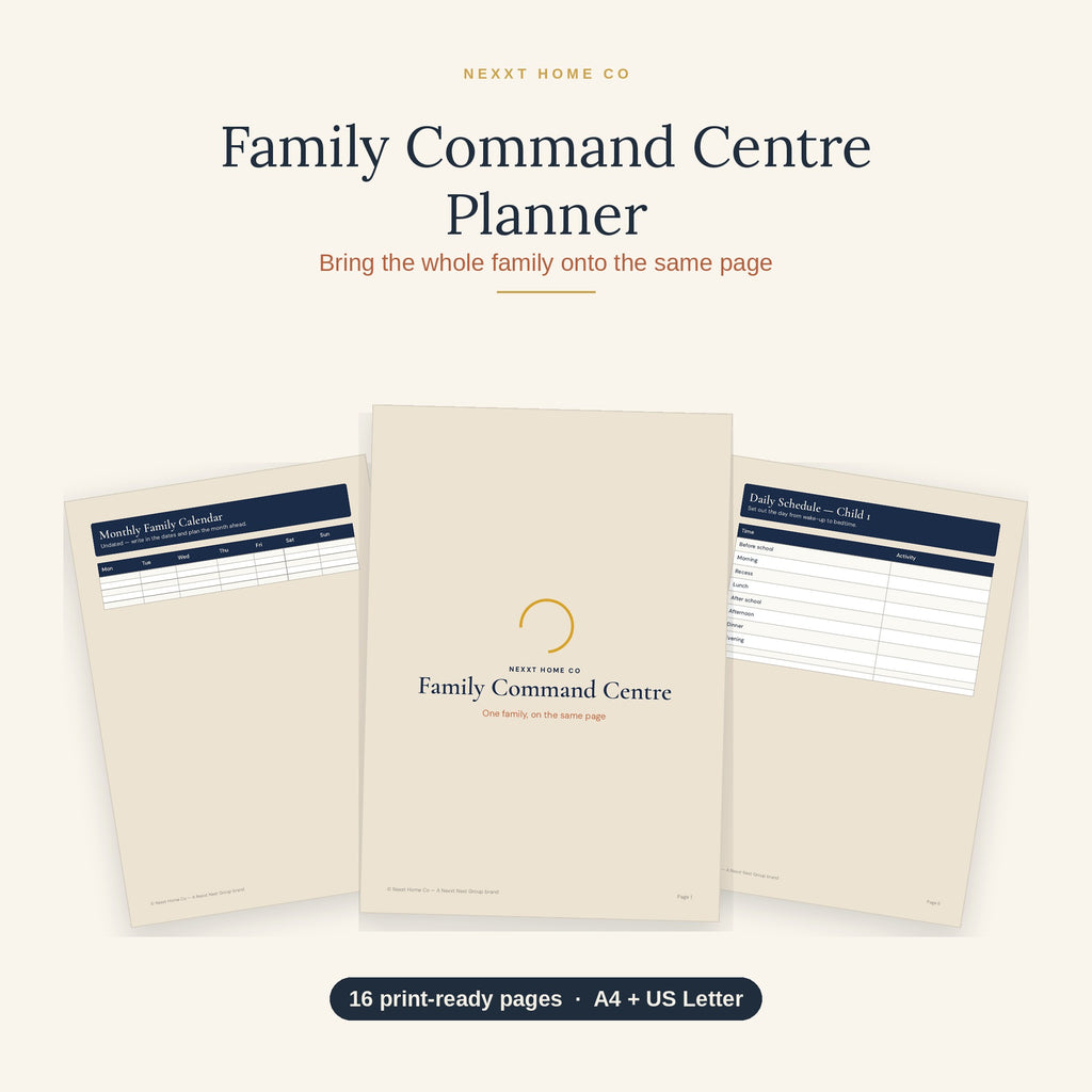 Family Command Centre Planner printable pages showing weekly family schedule, chore chart and meal plan sheets