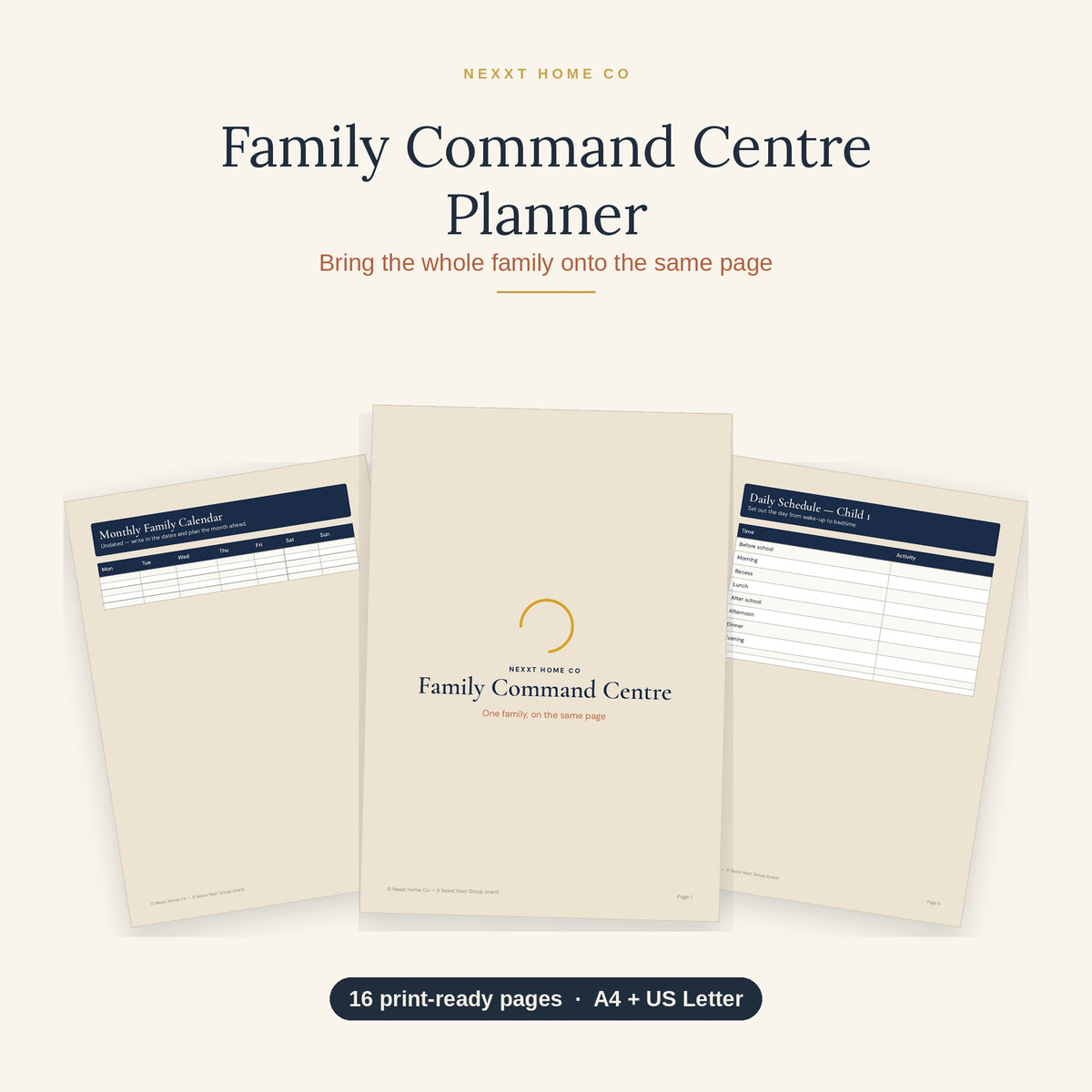 Family Command Centre Planner printable pages showing weekly family schedule, chore chart and meal plan sheets