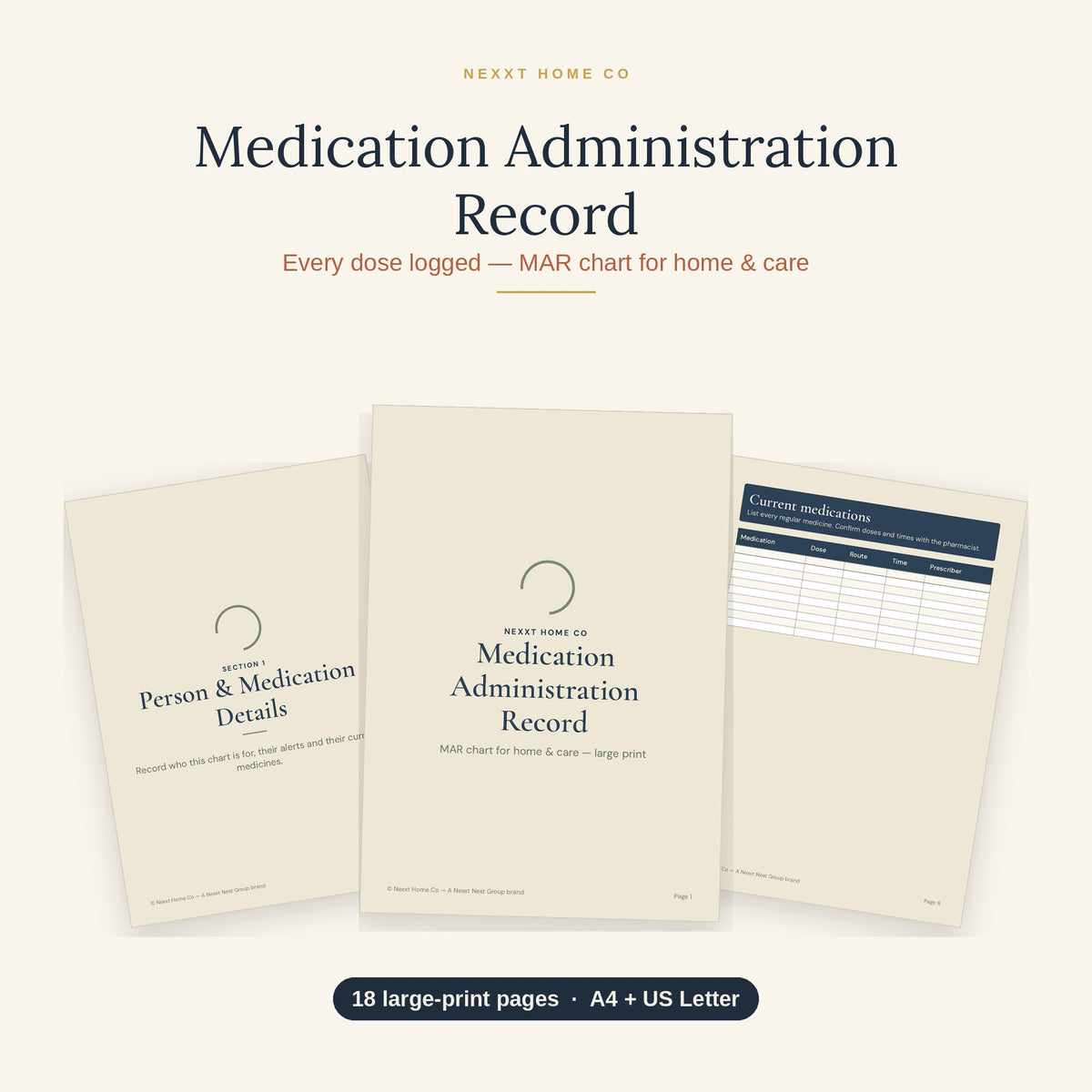 Medication Administration Record MAR chart printable showing large print medication rows with a signature box for every dose