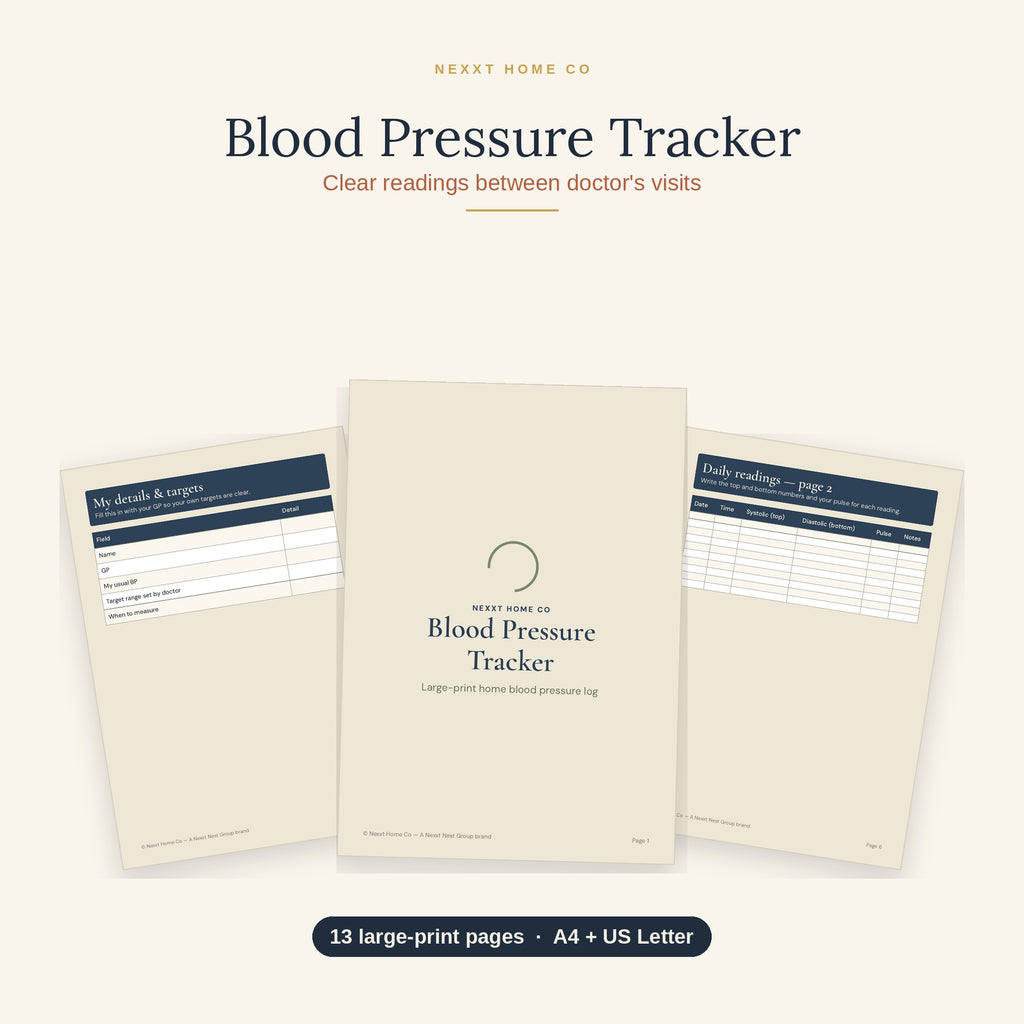 Blood Pressure Tracker printable showing a large print chart for recording daily readings at home