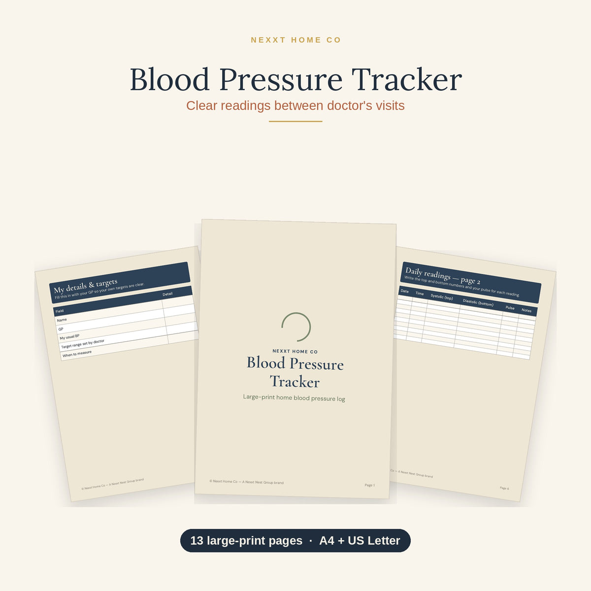Blood Pressure Tracker printable showing a large print chart for recording daily readings at home