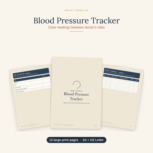 Blood Pressure Tracker printable showing a large print chart for recording daily readings at home