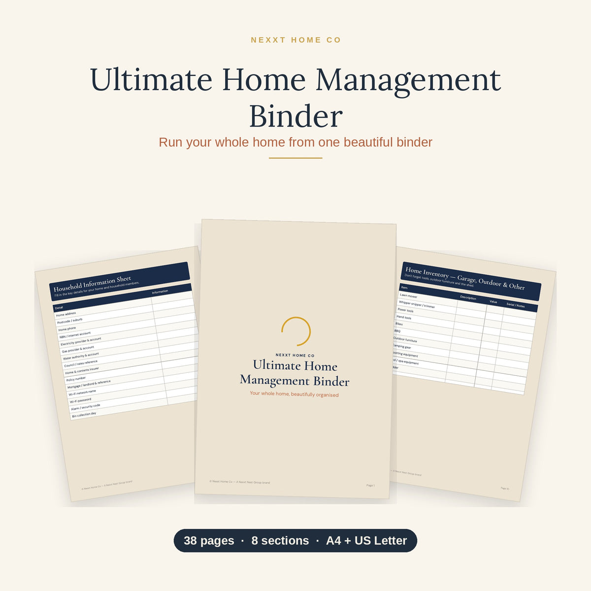 Ultimate Home Management Binder printable — 38 pages across 8 sections, A4 and US Letter