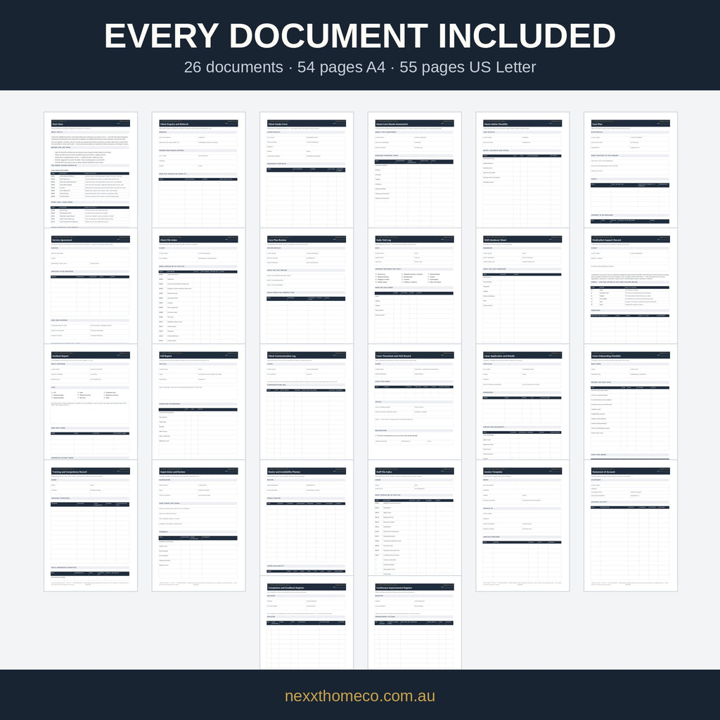 All 26 documents in the Home Care Agency Forms Bundle laid out as page thumbnails