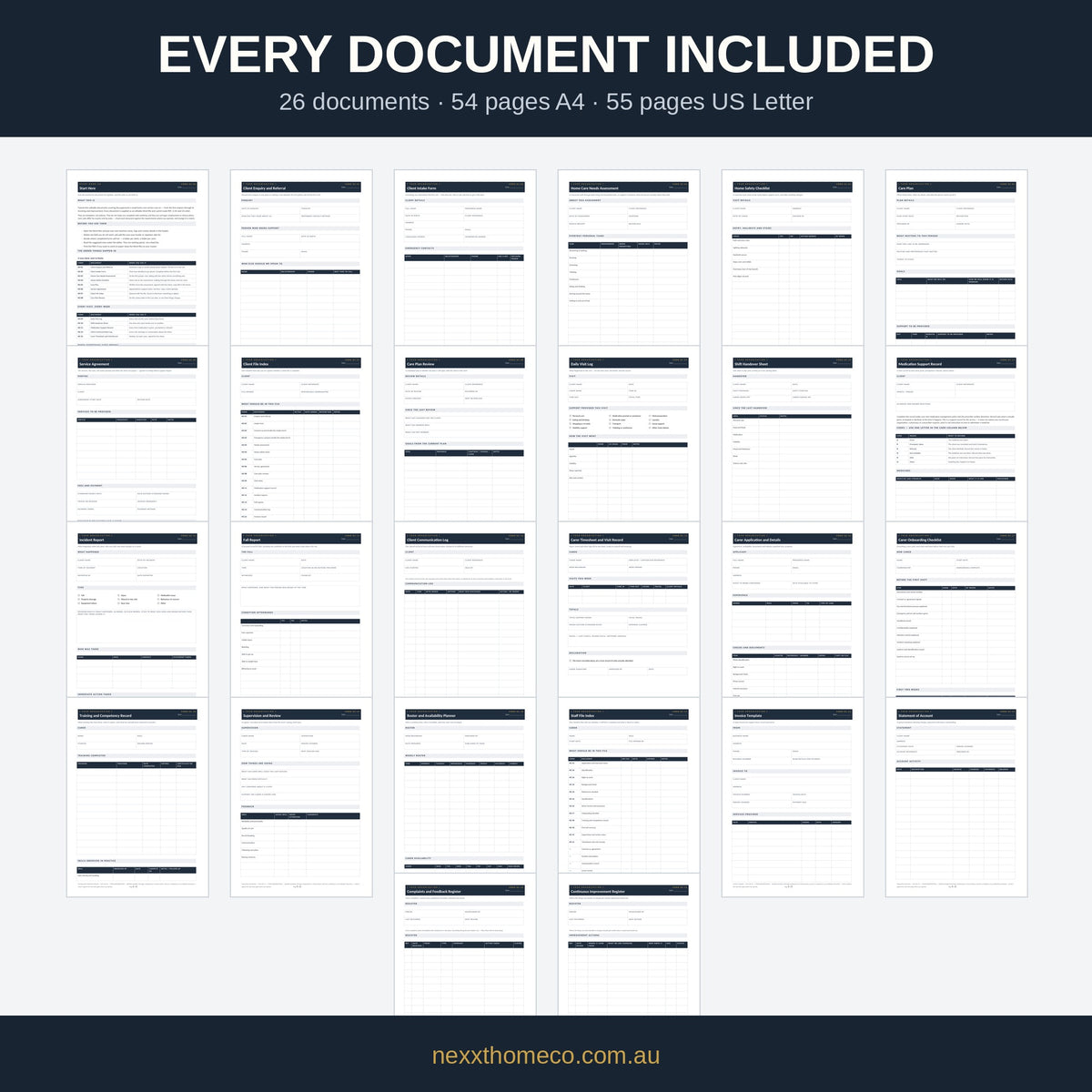 All 26 documents in the Home Care Agency Forms Bundle laid out as page thumbnails