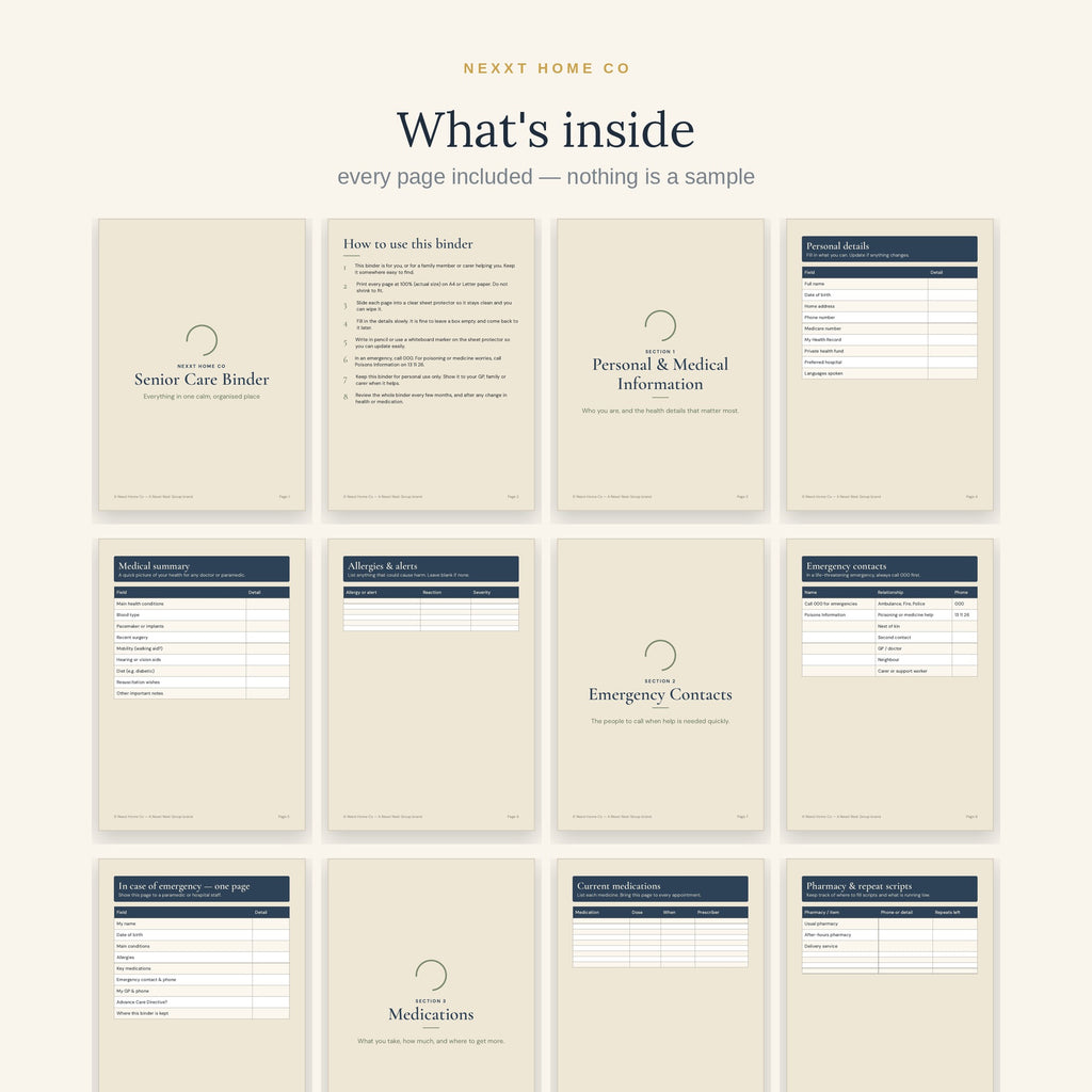 What's inside — every page of the Senior Care Binder printable shown in a grid