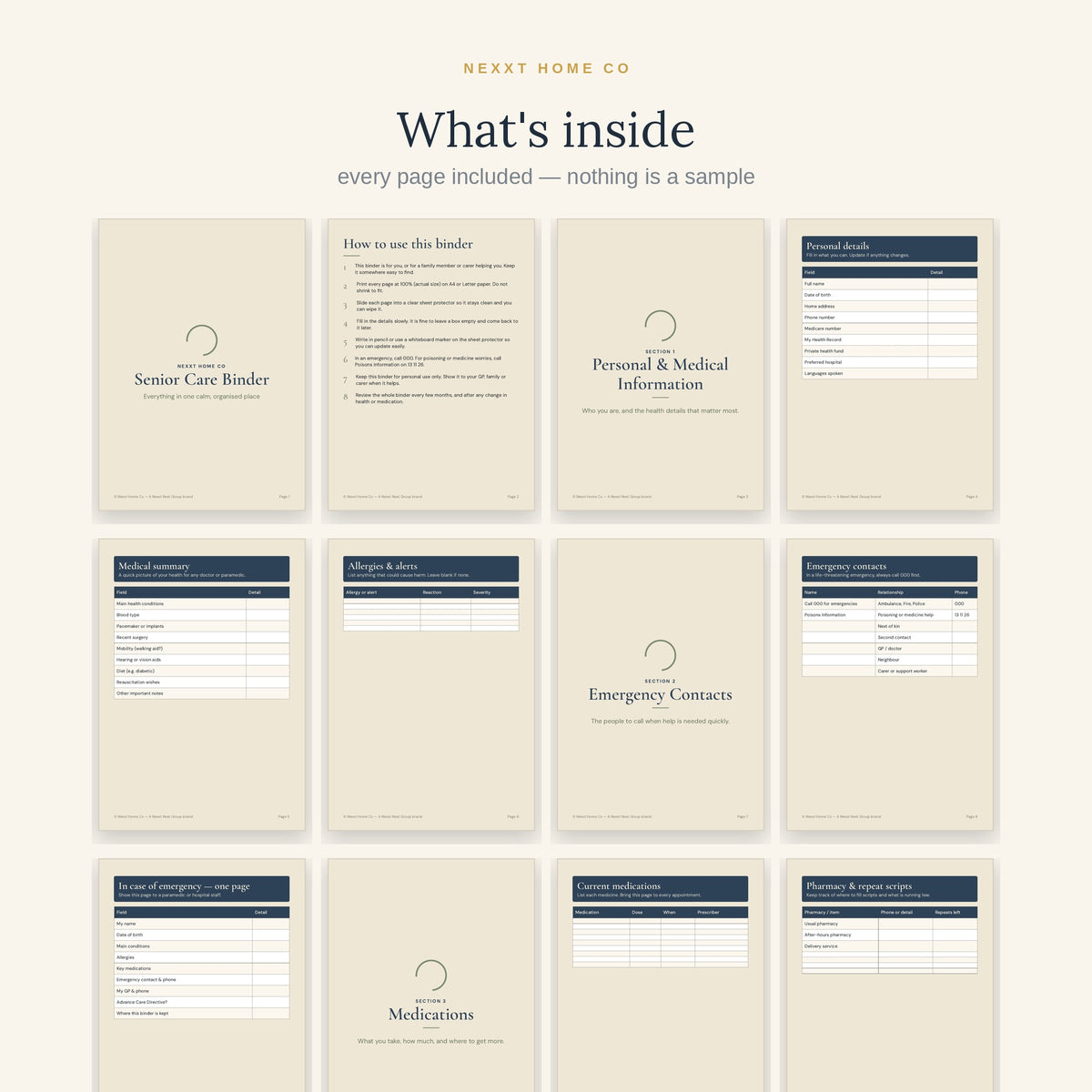 What's inside — every page of the Senior Care Binder printable shown in a grid