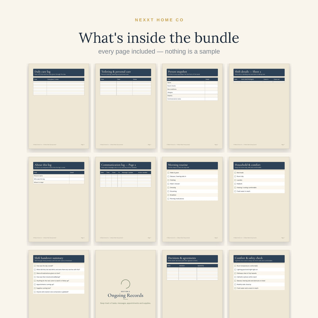 The four planners in the Caregiver Essentials Bundle shown page by page - daily log, shift handover, communication log and daily living checklist