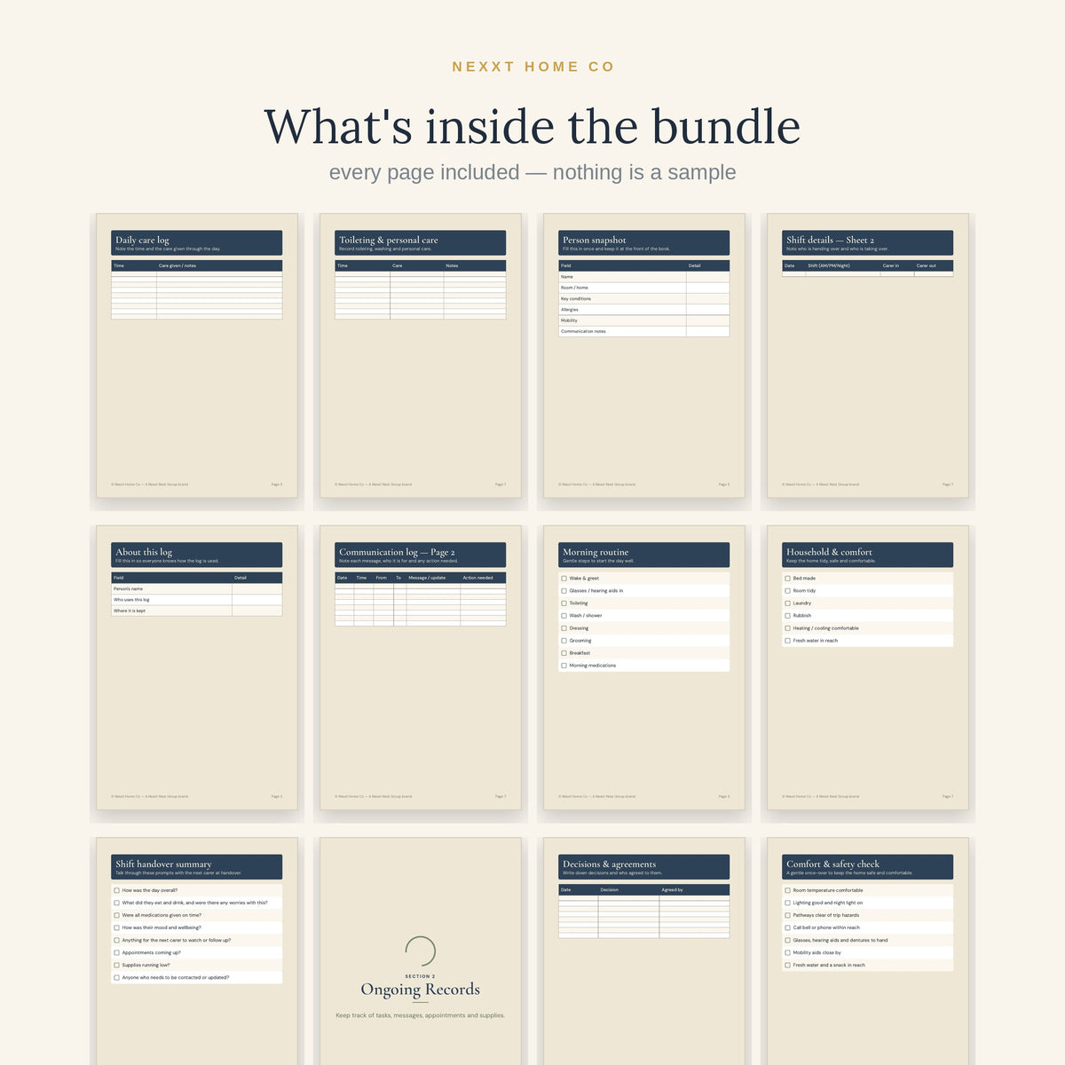 The four planners in the Caregiver Essentials Bundle shown page by page - daily log, shift handover, communication log and daily living checklist