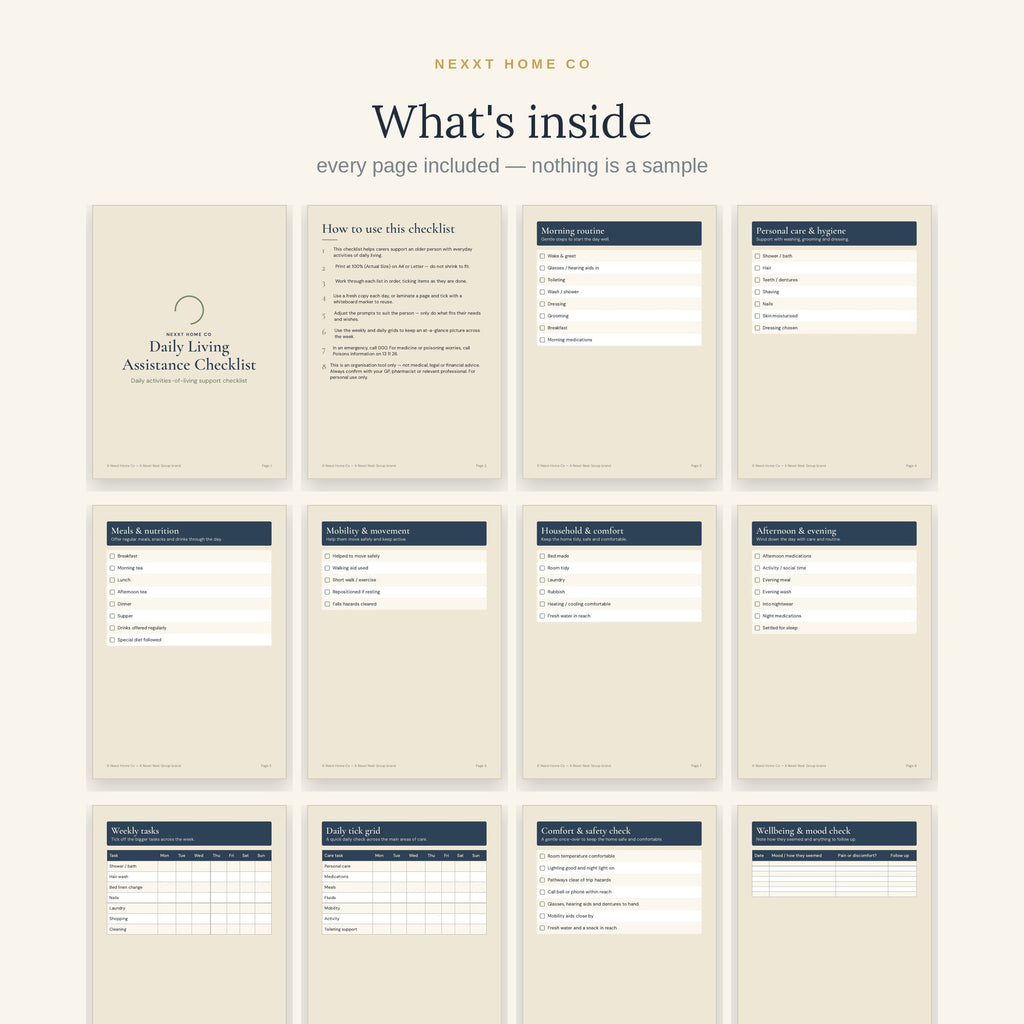 All 16 pages of the Daily Living Assistance Checklist in a grid - morning routine, personal care, meals, mobility and evening wind-down