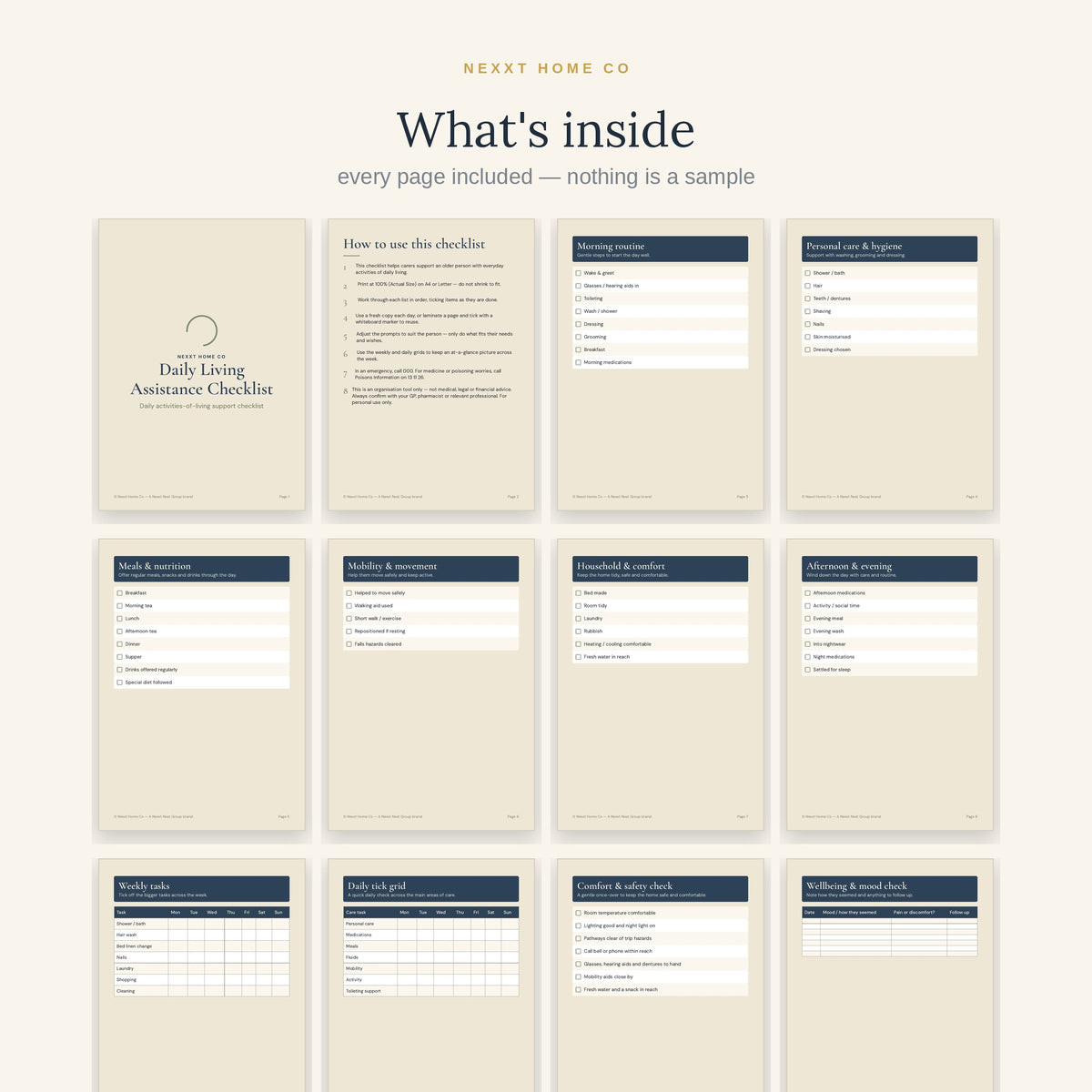 All 16 pages of the Daily Living Assistance Checklist in a grid - morning routine, personal care, meals, mobility and evening wind-down
