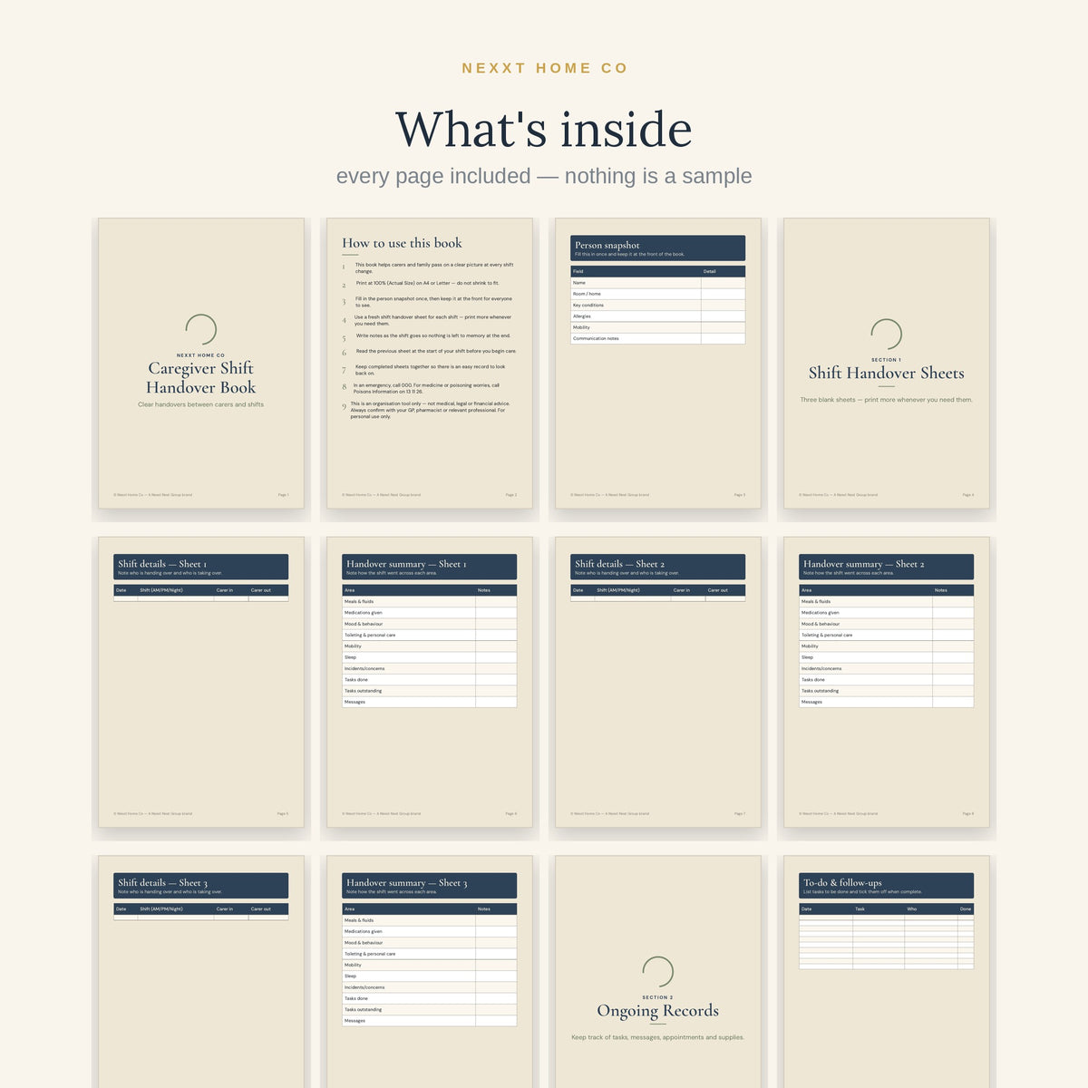 All 18 pages of the Caregiver Shift Handover Book in a grid - person snapshot, handover sheets, supplies and key contacts