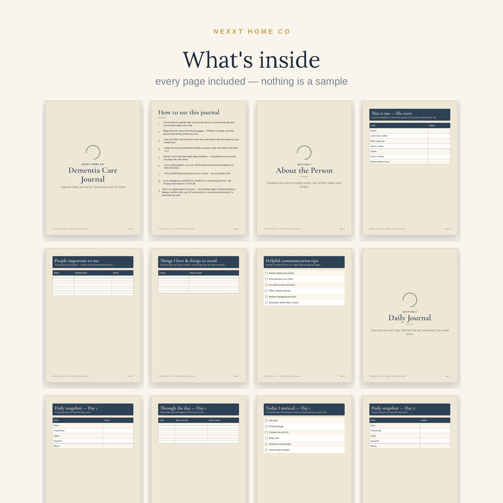 All 27 pages of the Dementia Care Journal in a grid - life story, repeatable daily journal sets, behaviour and sleep trackers and carer wellbeing