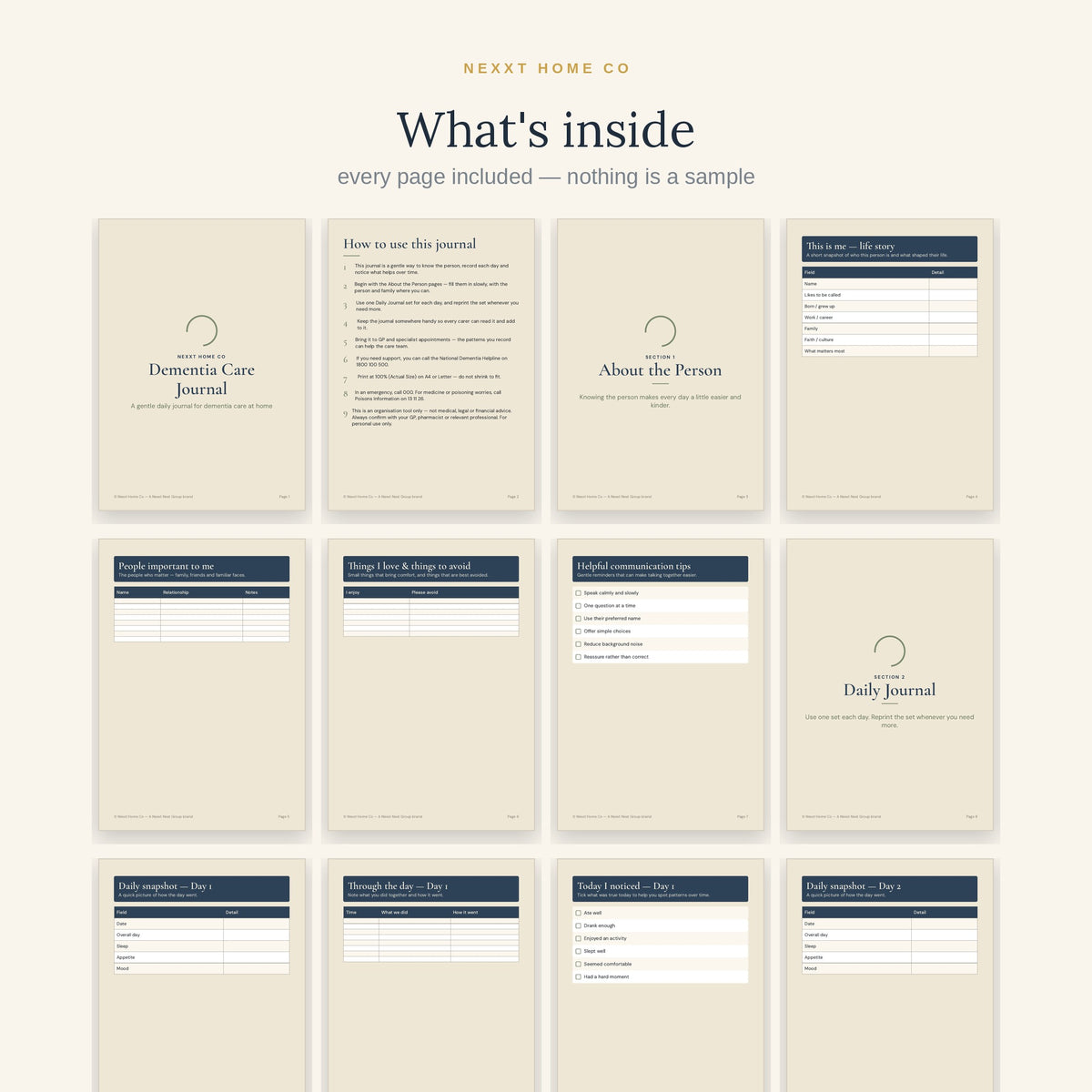All 27 pages of the Dementia Care Journal in a grid - life story, repeatable daily journal sets, behaviour and sleep trackers and carer wellbeing