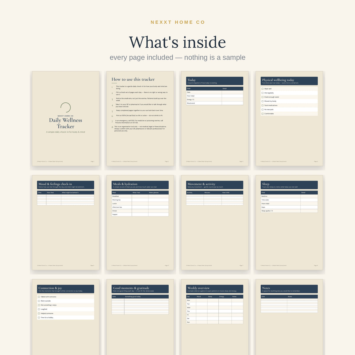 All 13 pages of the Daily Wellness Tracker in a grid - daily snapshot, mood check-in, meals, hydration, movement and gratitude