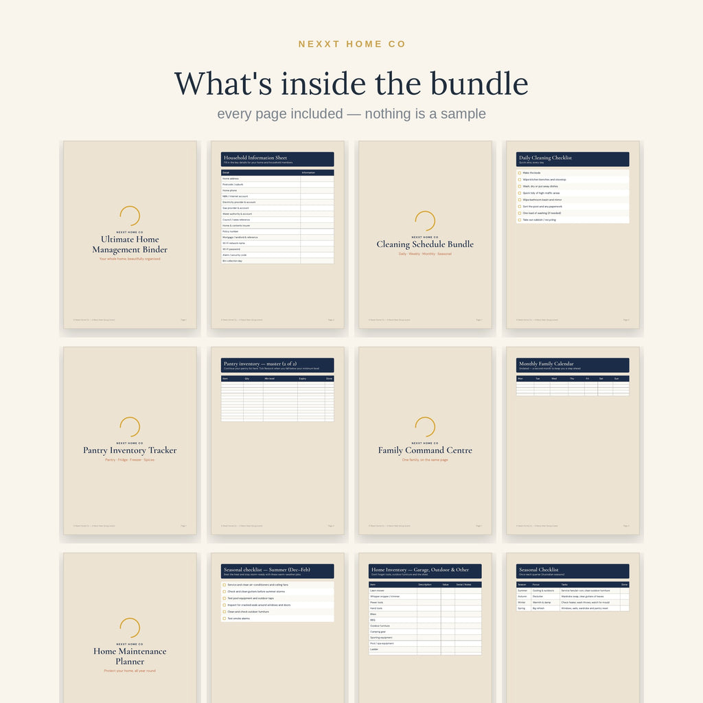 The five planners in the Whole Home Reset Bundle shown page by page - home management binder, cleaning schedule, pantry tracker, command centre and maintenance planner