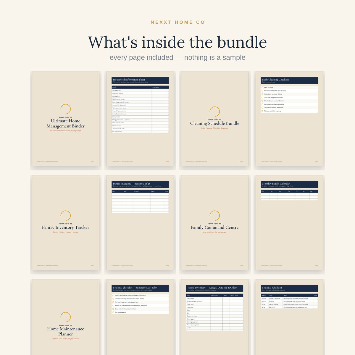 The five planners in the Whole Home Reset Bundle shown page by page - home management binder, cleaning schedule, pantry tracker, command centre and maintenance planner