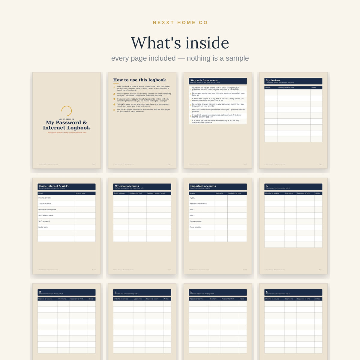 What's inside — every page of the Large Print Password Book shown in a grid