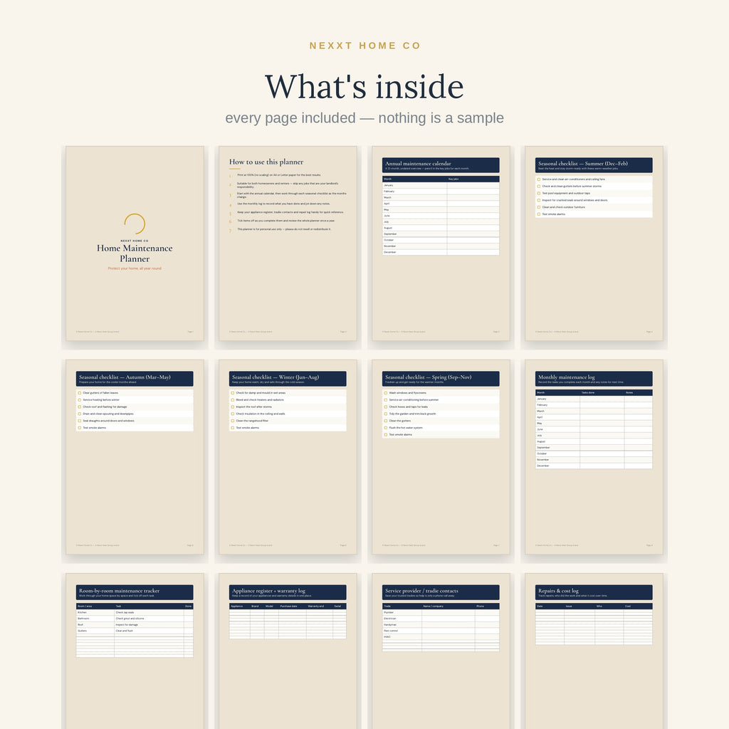 All 14 pages of the Home Maintenance Planner in a grid - 12-month calendar, seasonal checklists, appliance and warranty register and repair log