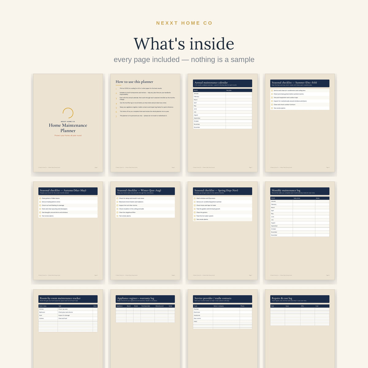 All 14 pages of the Home Maintenance Planner in a grid - 12-month calendar, seasonal checklists, appliance and warranty register and repair log