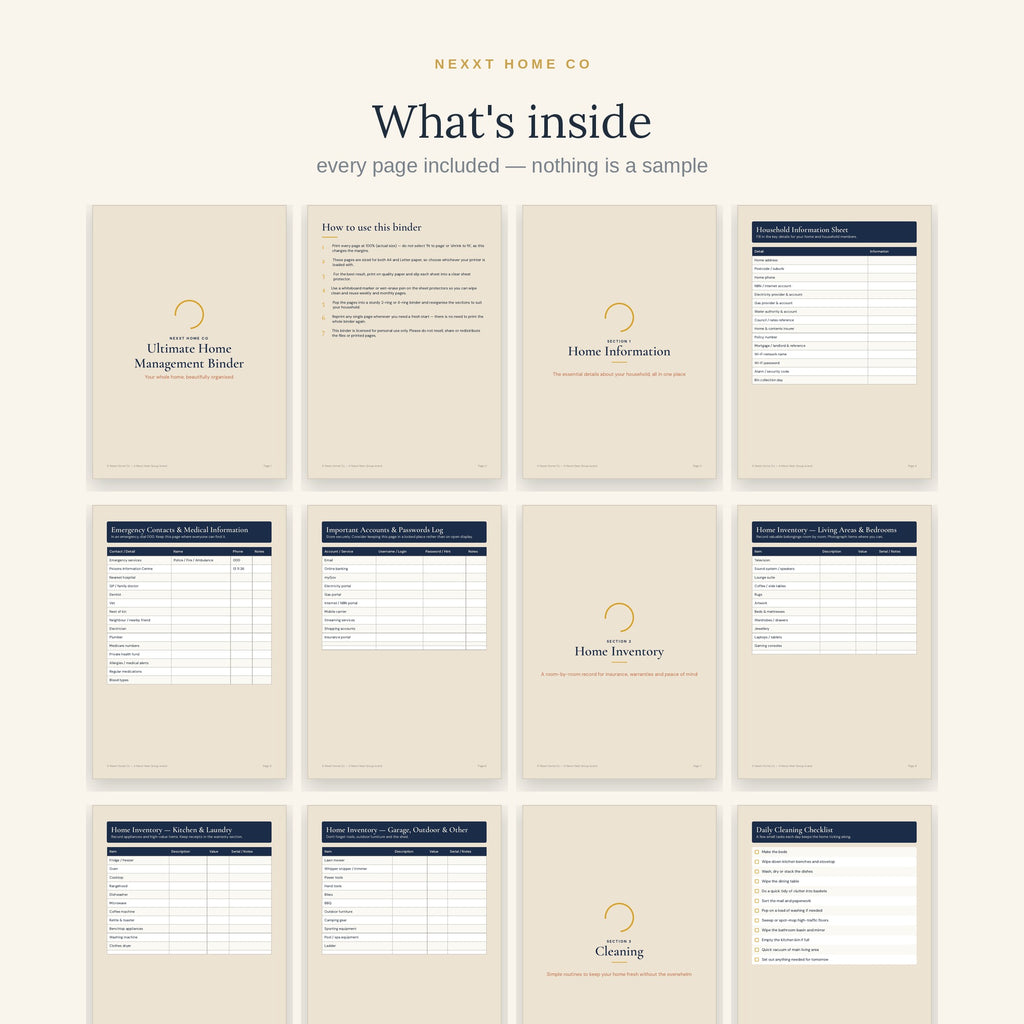 What's inside — every page of the Ultimate Home Management Binder shown in a grid