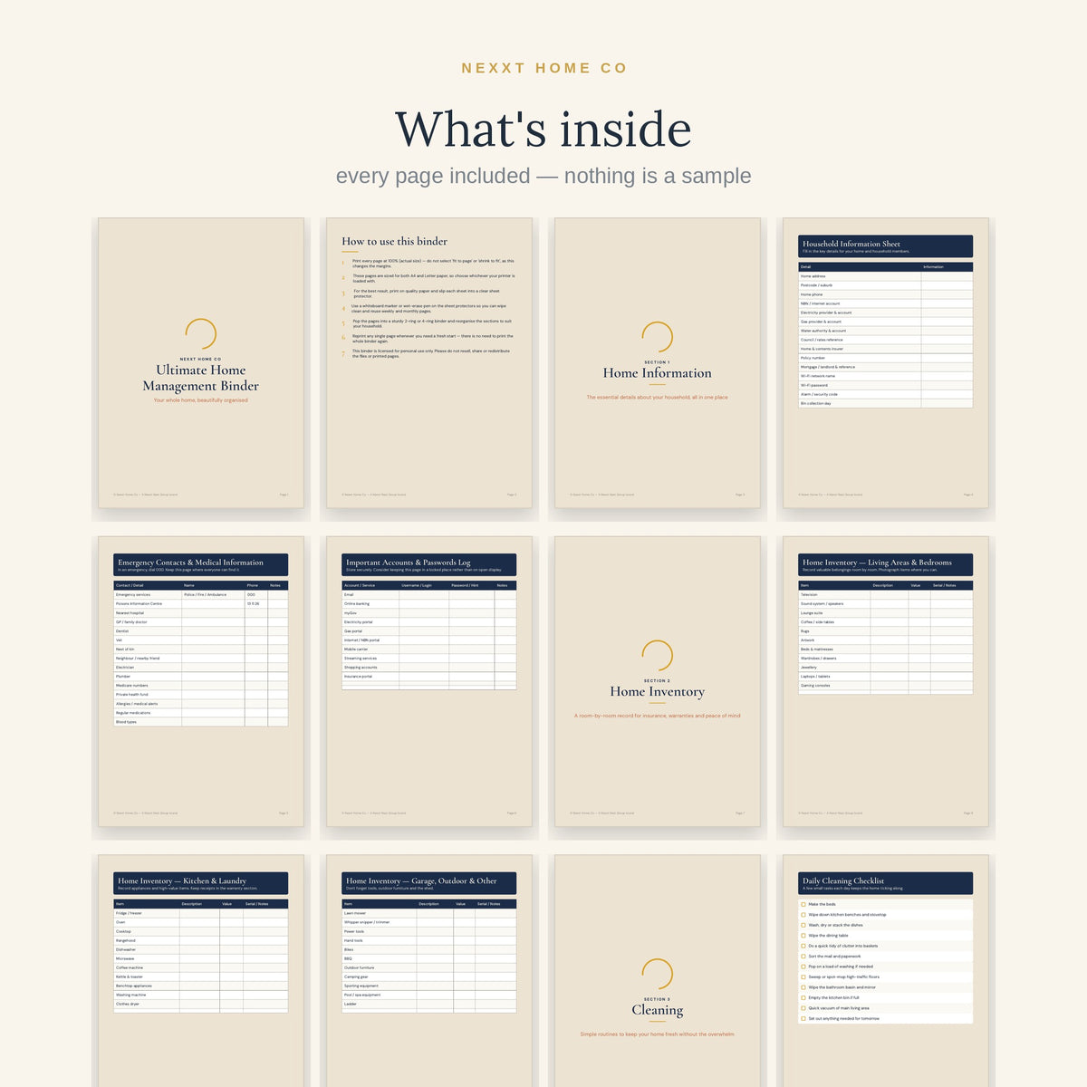 What's inside — every page of the Ultimate Home Management Binder shown in a grid
