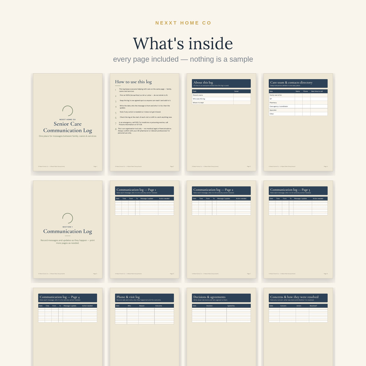 All 16 pages of the Senior Care Communication Log in a grid - care team directory, communication, phone and visit logs, decisions and concerns