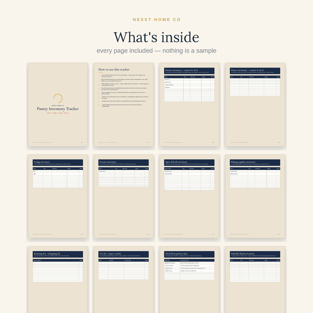 All 12 pages of the Pantry Inventory Tracker in a grid - pantry, fridge, freezer and spice trackers plus expiry and restock pages