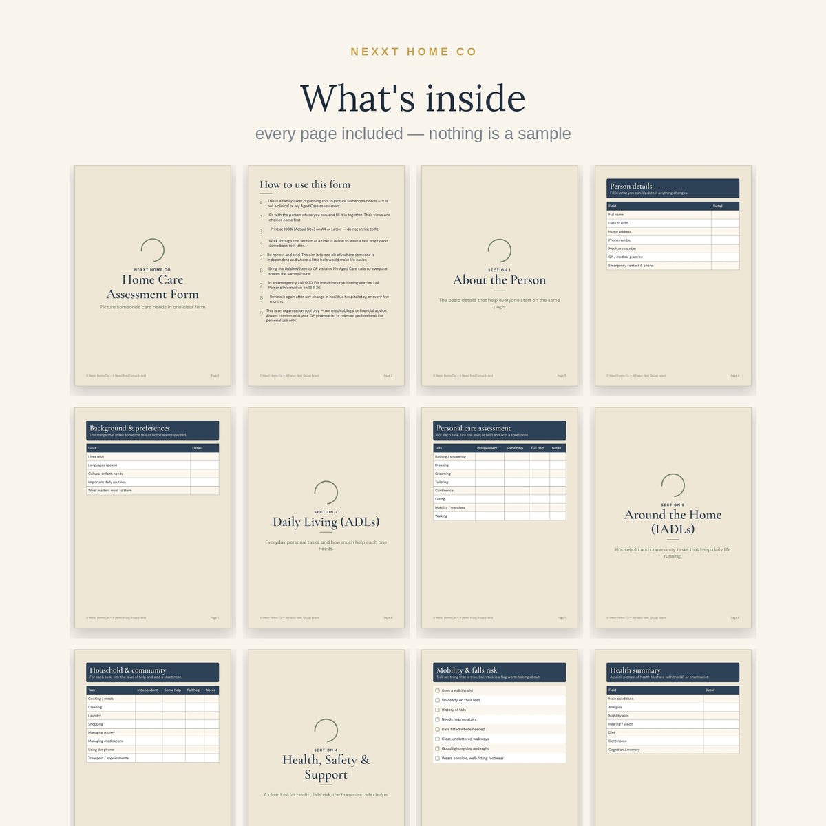 All 22 pages of the Home Care Assessment Form in a grid - daily living and home task grids, falls risk, home safety, health summary and review schedule