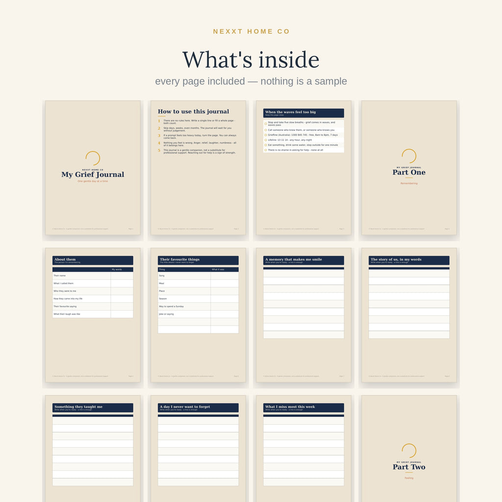 All 26 pages of the Grief Journal in a grid - keepsake pages, sixteen writing prompts, a support page and the remembering-days calendar