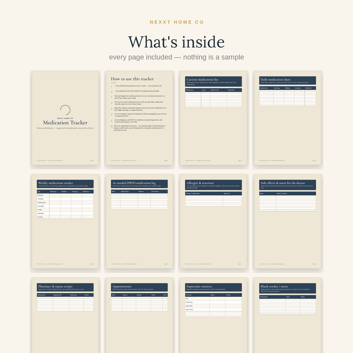All 19 pages of the Senior Medication Tracker in a grid - medication list, daily and weekly charts, as-needed log, allergies and repeat-script tracker