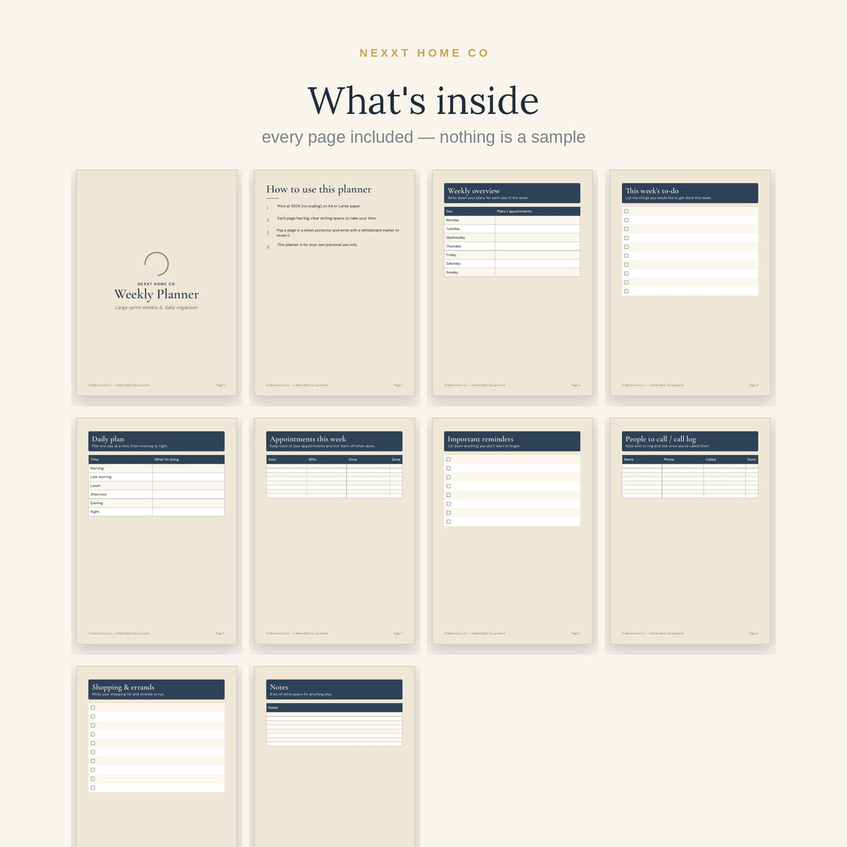 What's inside — all 10 pages of the Senior Weekly Planner shown in a grid