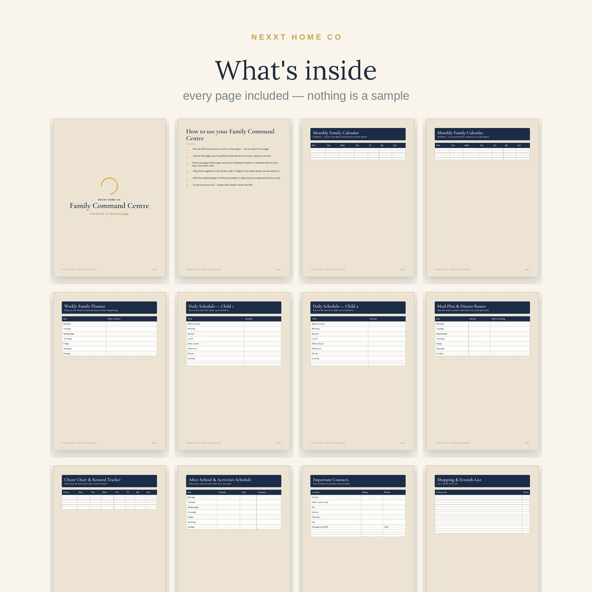 All 16 pages of the Family Command Centre Planner in a grid - undated calendar, weekly planner, meal roster, chore and reward charts and key contacts