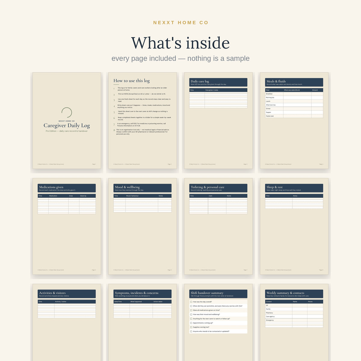 All 20 pages of the Caregiver Daily Log in a grid - daily care log, mood and sleep pages, incident log and shift handover