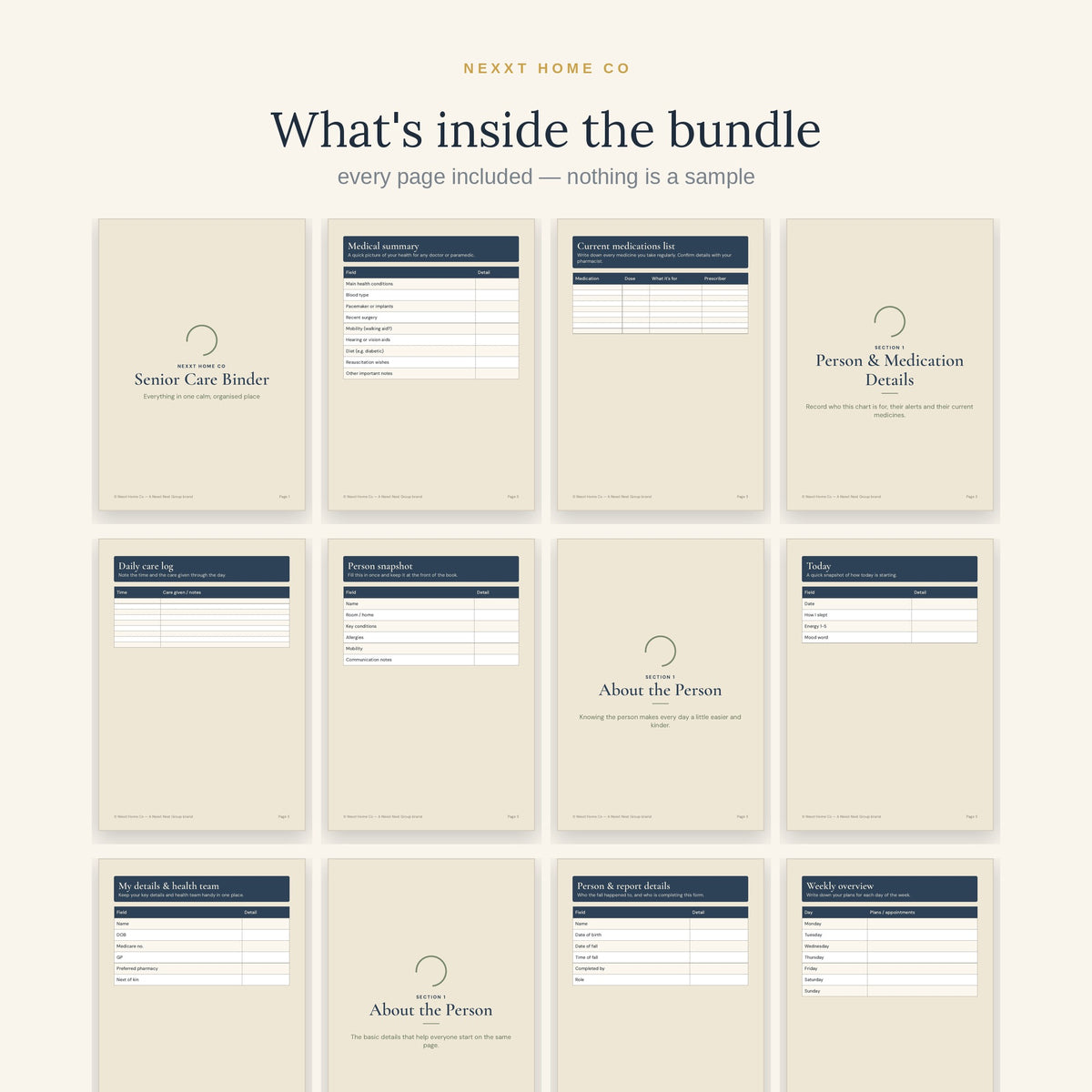 The sixteen planners in the Complete Senior Care Bundle shown together - medication, daily care, dementia, appointments, assessment and incident records