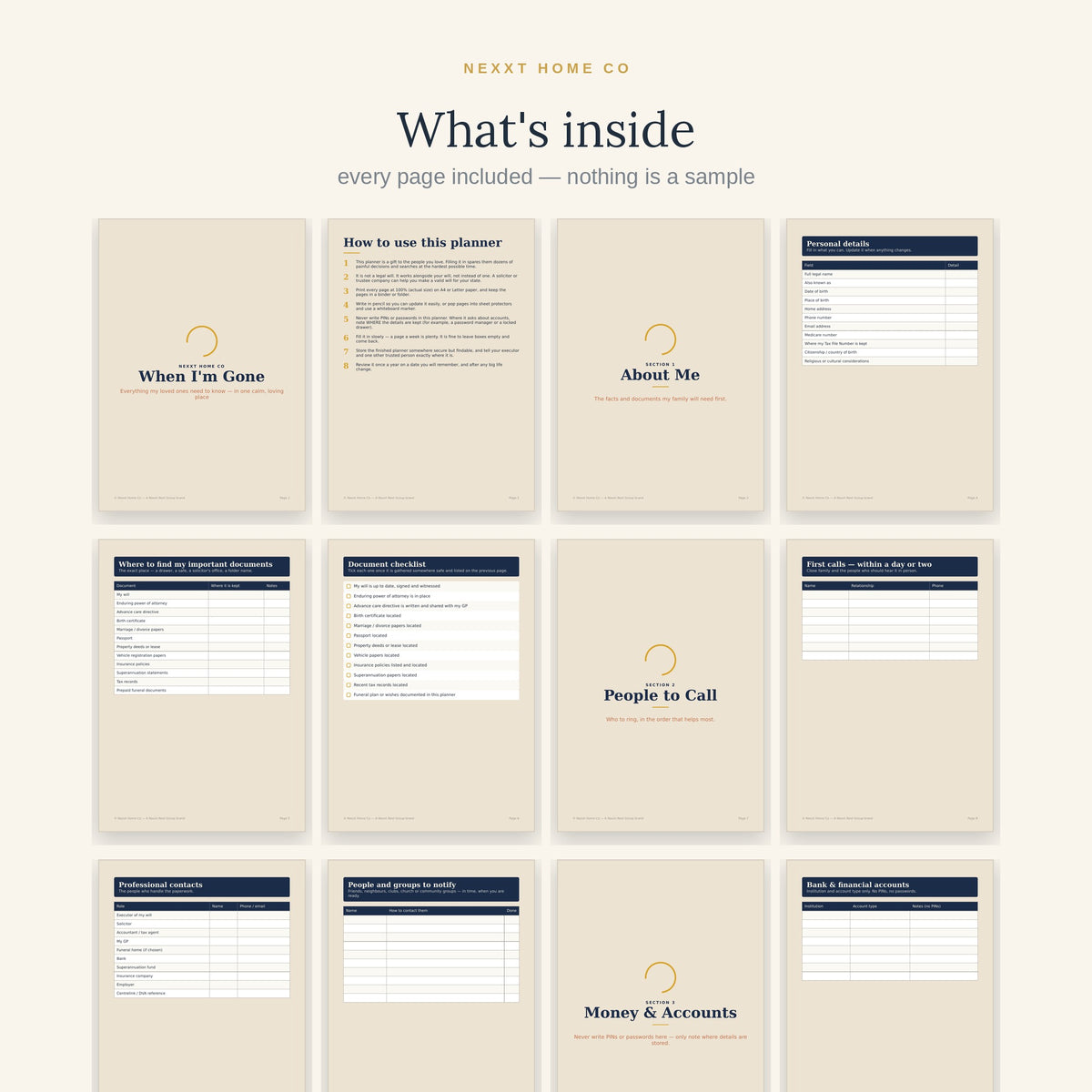 What's inside — every page of the When I'm Gone Planner shown in a grid