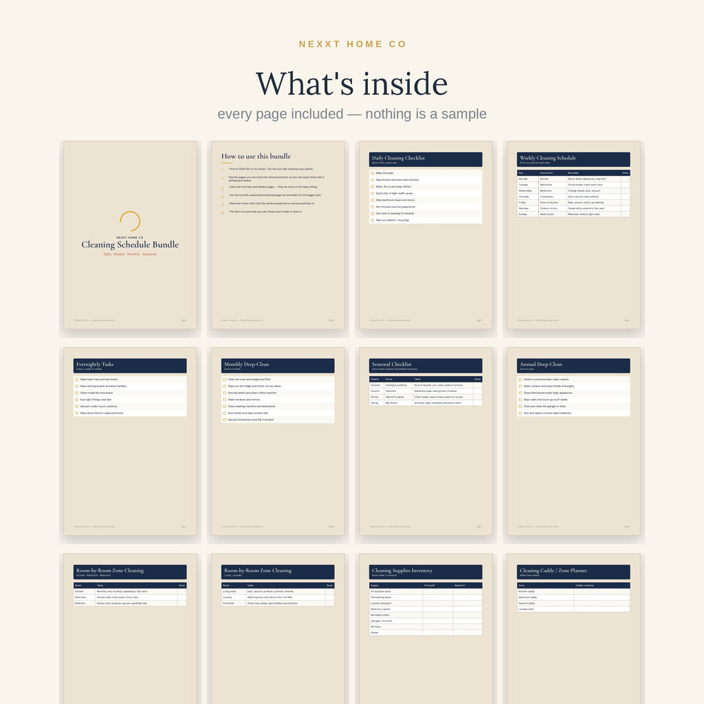 All 14 pages of the Cleaning Schedule Bundle in a grid - daily, weekly, fortnightly, monthly, seasonal and annual checklists plus a chore chart