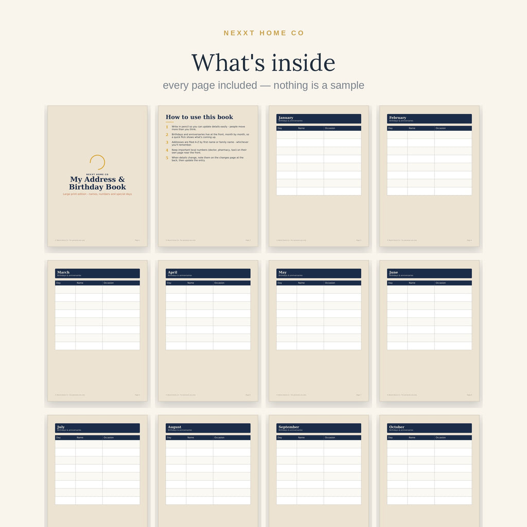 What's inside — every page of the Address & Birthday Book shown in a grid