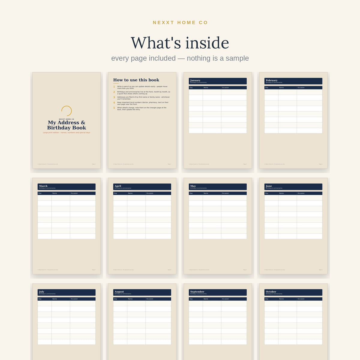What's inside — every page of the Address & Birthday Book shown in a grid