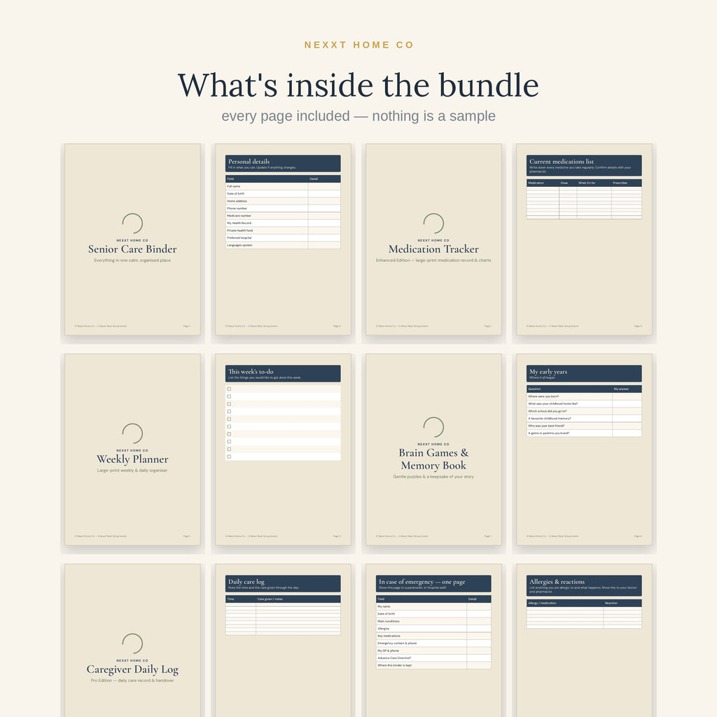The five planners in the Senior Care Mega Bundle shown page by page - care binder, medication tracker, weekly planner, memory book and caregiver daily log