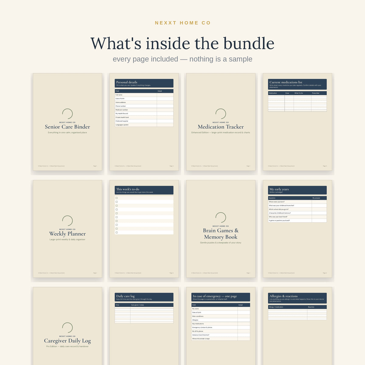 The five planners in the Senior Care Mega Bundle shown page by page - care binder, medication tracker, weekly planner, memory book and caregiver daily log