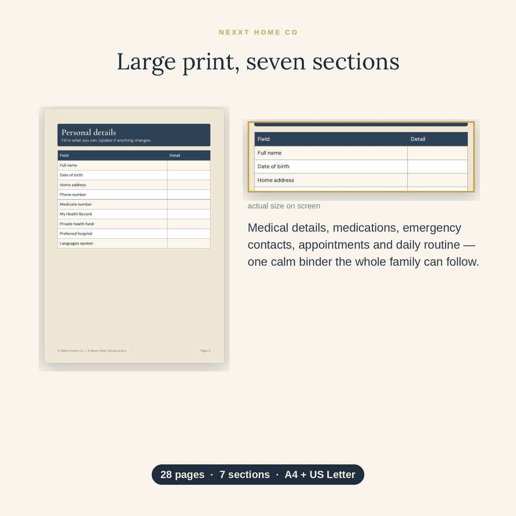 Large print detail — easy-to-read personal details page from the Senior Care Binder