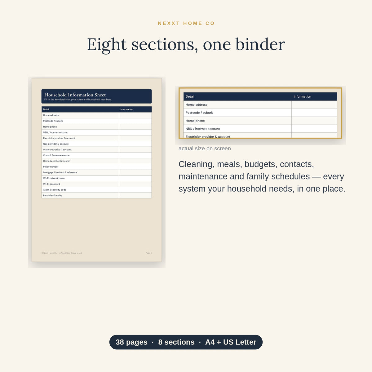Inside detail — cleaning, meals, budget and maintenance pages from the home management binder