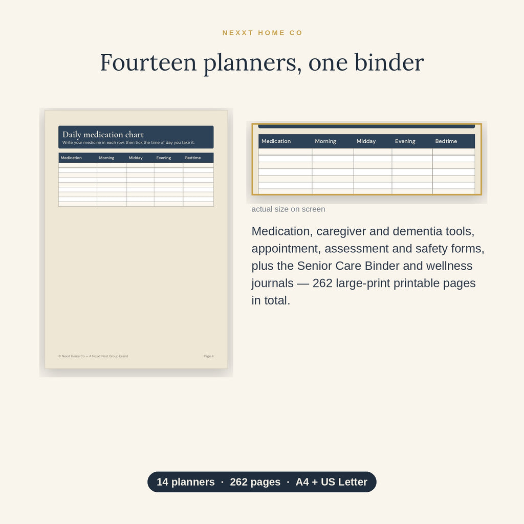 Close-up of the large print shared by all sixteen planners in the Complete Senior Care Bundle