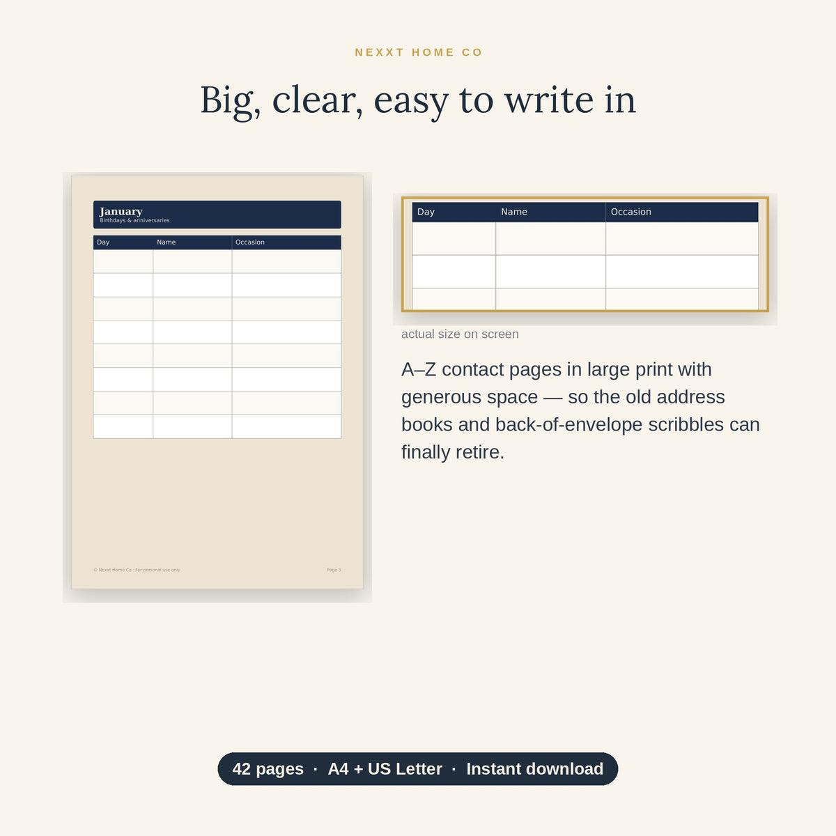 Large print detail — roomy A–Z address pages for older eyes and hands