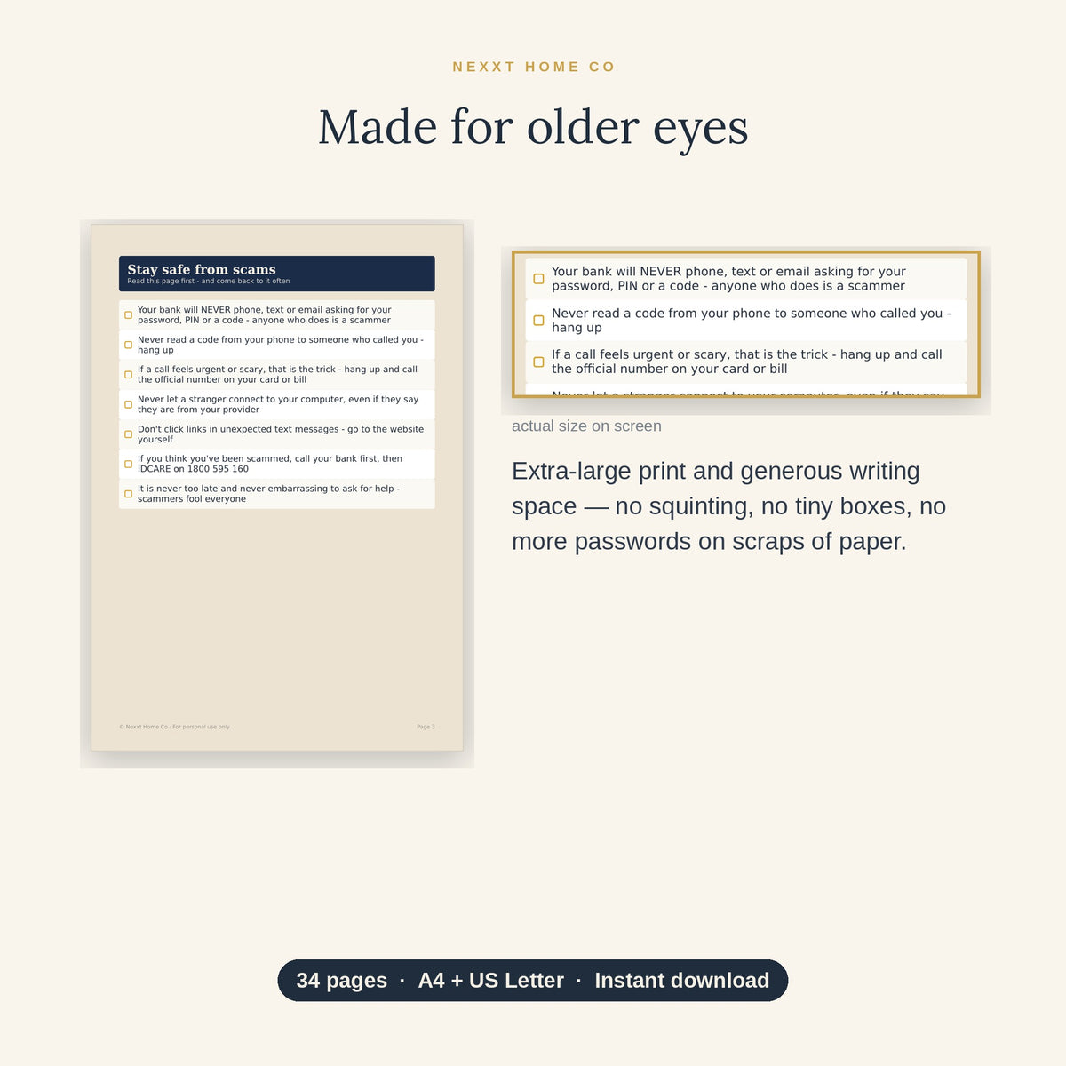 Large print detail — easy-to-read password pages designed for older eyes