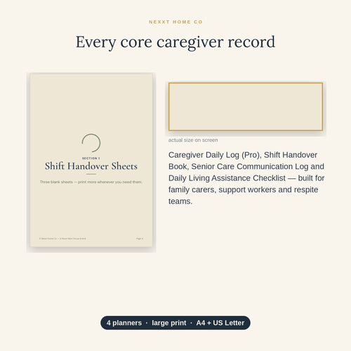 Close-up of the large print used across the Caregiver Essentials Bundle, with generous space for end-of-shift notes